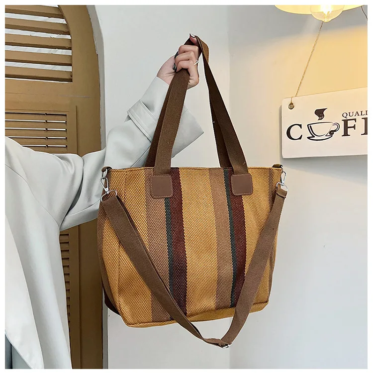 New style Big bag, women's new striped canvas bag, commuting tote bag, trendy single shoulder crossbody bag, versatile mommy bag