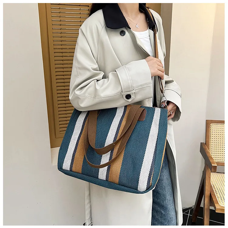 New style Big bag, women's new striped canvas bag, commuting tote bag, trendy single shoulder crossbody bag, versatile mommy bag
