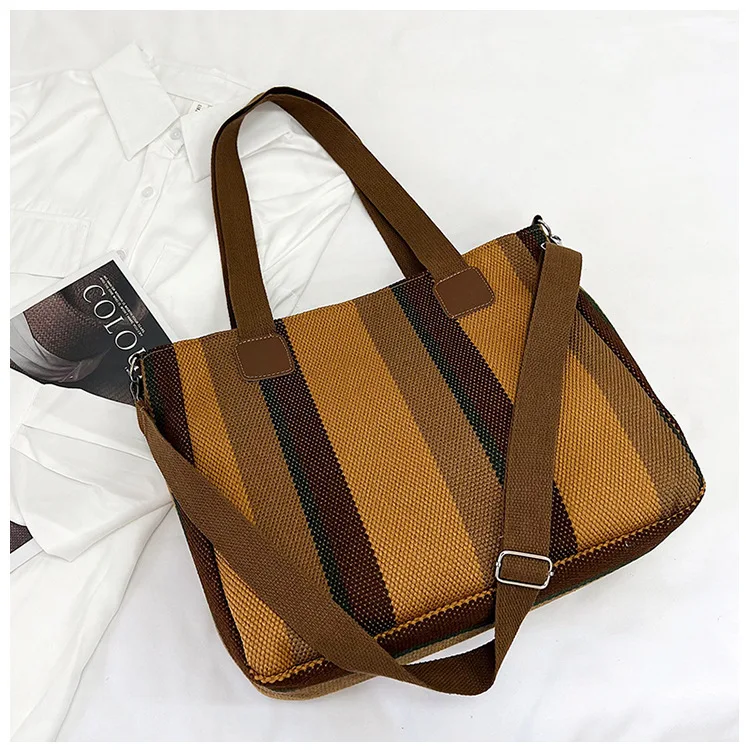 New style Big bag, women's new striped canvas bag, commuting tote bag, trendy single shoulder crossbody bag, versatile mommy bag
