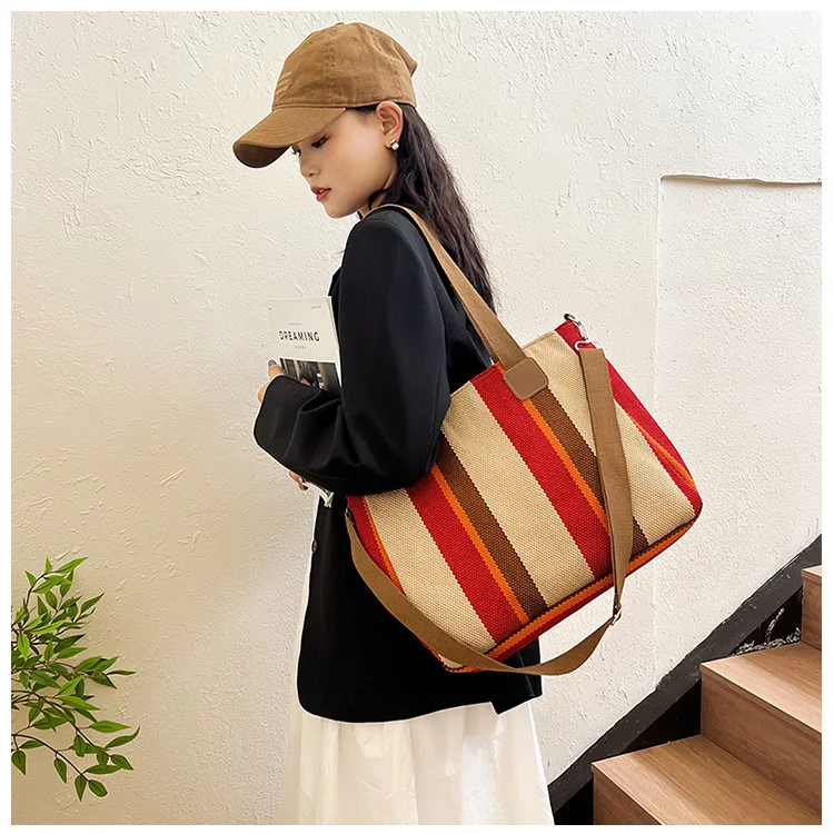 New style Big bag, women's new striped canvas bag, commuting tote bag, trendy single shoulder crossbody bag, versatile mommy bag
