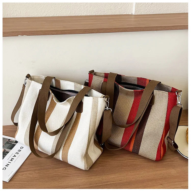New style Big bag, women's new striped canvas bag, commuting tote bag, trendy single shoulder crossbody bag, versatile mommy bag