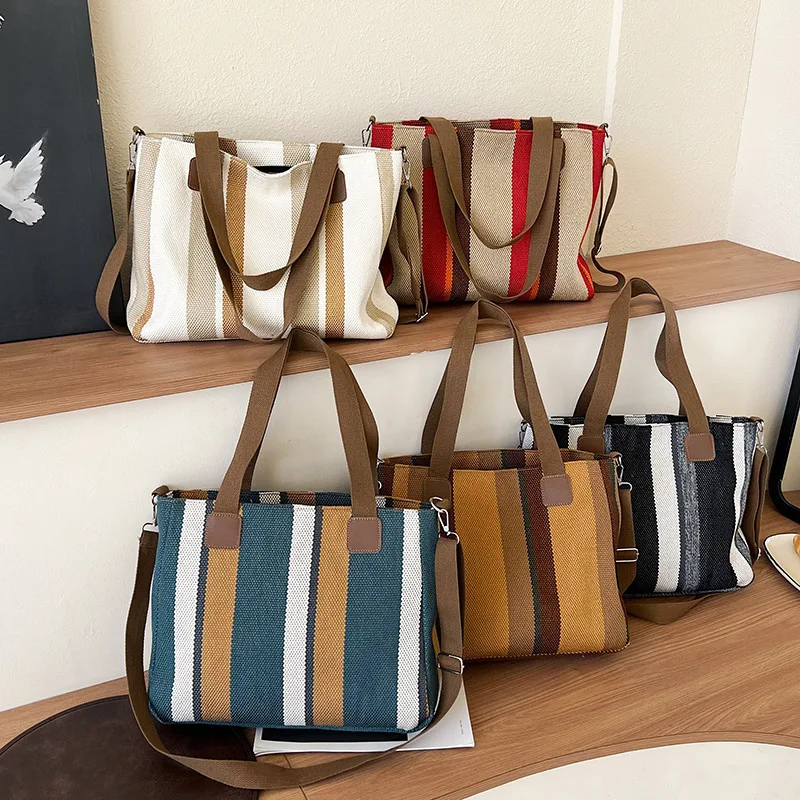 New style Big bag, women's new striped canvas bag, commuting tote bag, trendy single shoulder crossbody bag, versatile mommy bag