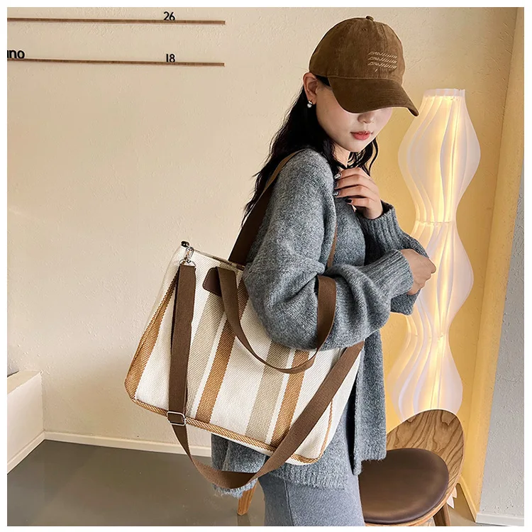 New style Big bag, women's new striped canvas bag, commuting tote bag, trendy single shoulder crossbody bag, versatile mommy bag