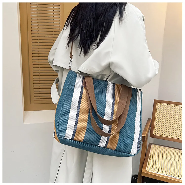 New style Big bag, women's new striped canvas bag, commuting tote bag, trendy single shoulder crossbody bag, versatile mommy bag