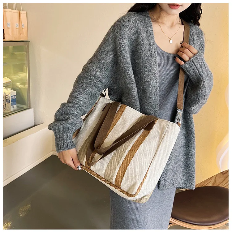 New style Big bag, women's new striped canvas bag, commuting tote bag, trendy single shoulder crossbody bag, versatile mommy bag