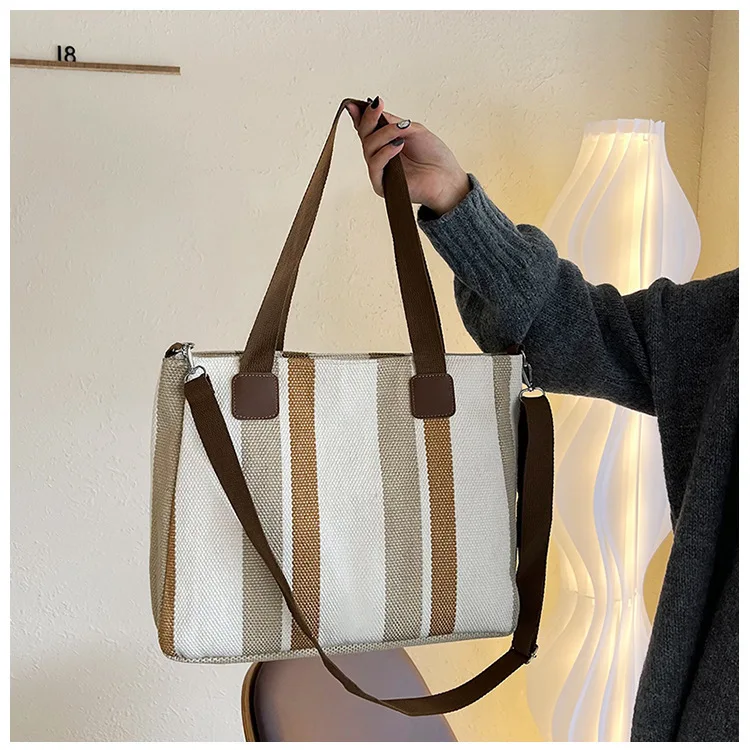 New style Big bag, women's new striped canvas bag, commuting tote bag, trendy single shoulder crossbody bag, versatile mommy bag