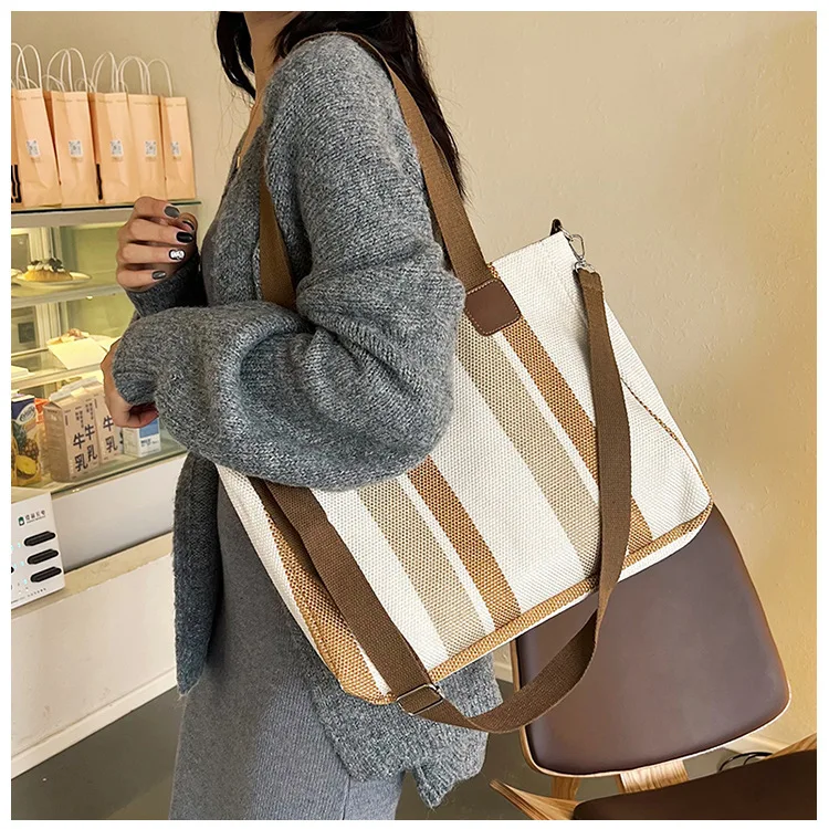 New style Big bag, women's new striped canvas bag, commuting tote bag, trendy single shoulder crossbody bag, versatile mommy bag