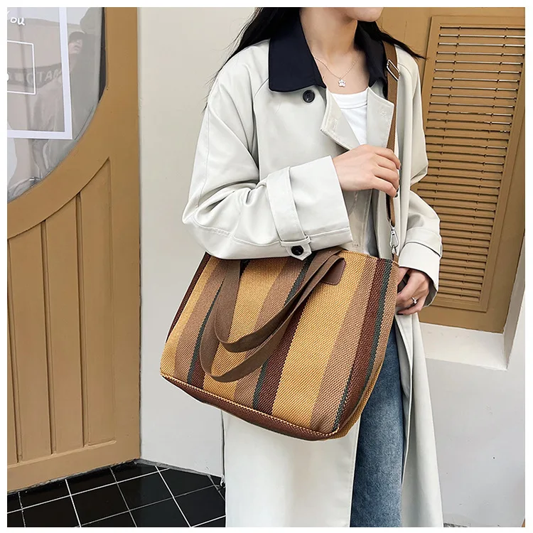 New style Big bag, women's new striped canvas bag, commuting tote bag, trendy single shoulder crossbody bag, versatile mommy bag