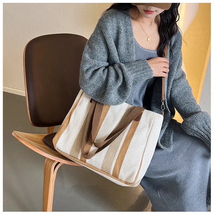 New style Big bag, women's new striped canvas bag, commuting tote bag, trendy single shoulder crossbody bag, versatile mommy bag