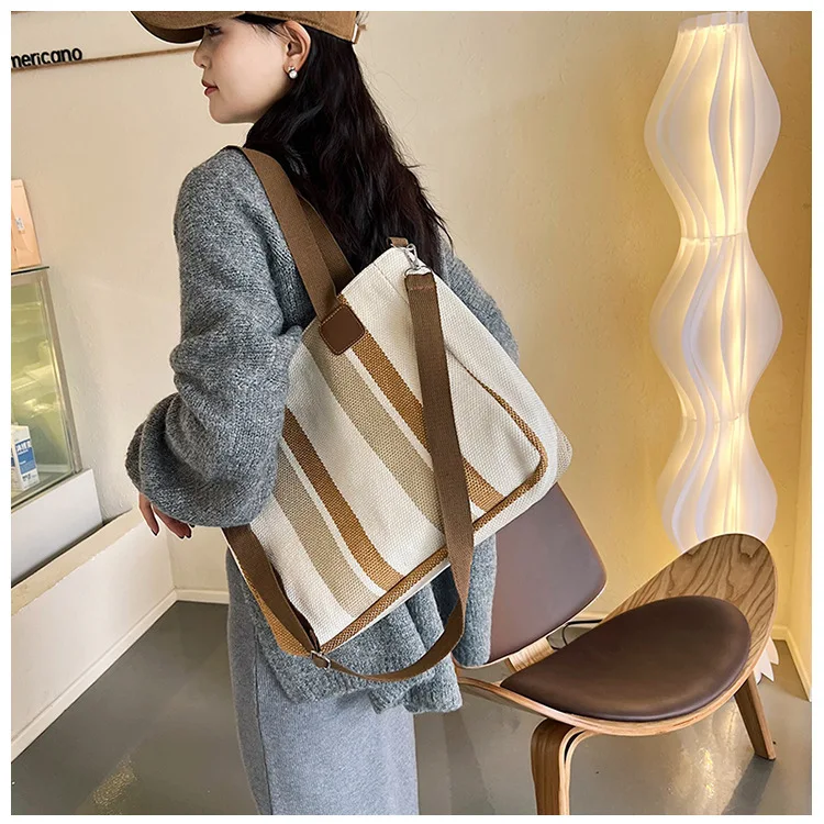 New style Big bag, women's new striped canvas bag, commuting tote bag, trendy single shoulder crossbody bag, versatile mommy bag
