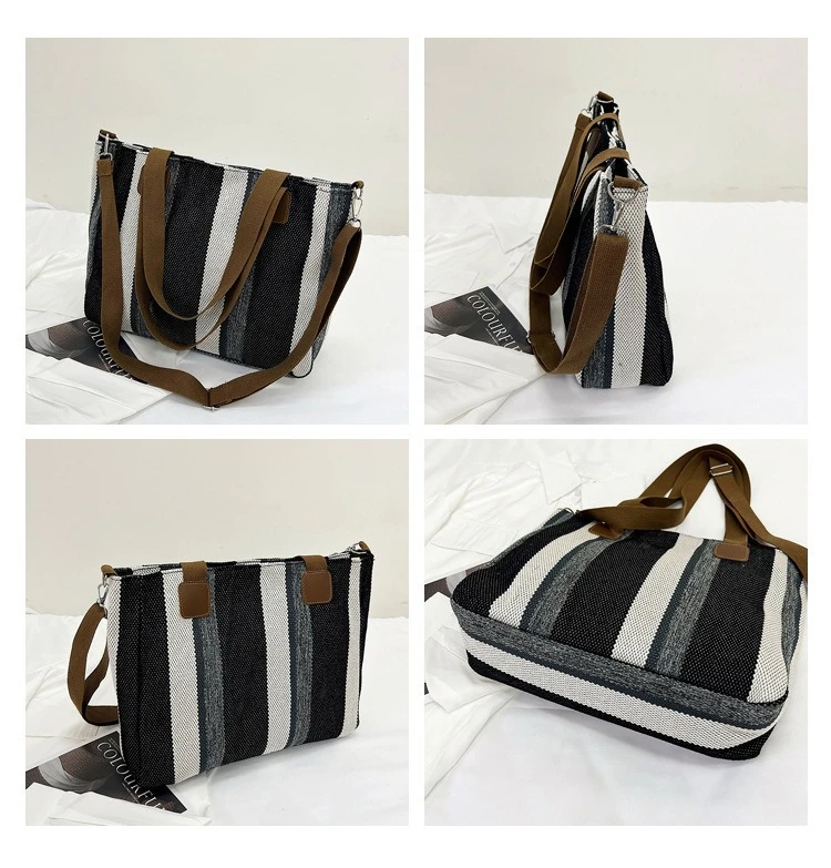 New style Big bag, women's new striped canvas bag, commuting tote bag, trendy single shoulder crossbody bag, versatile mommy bag