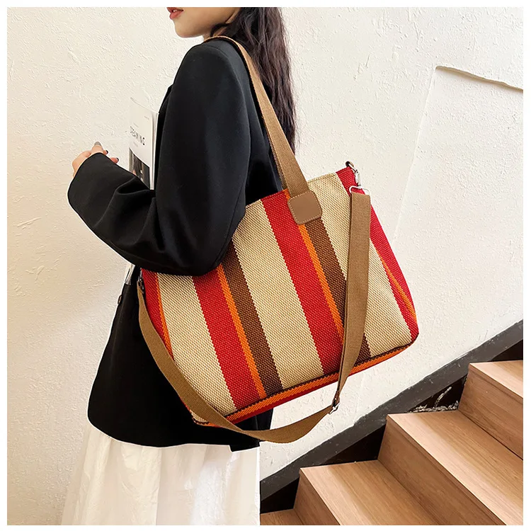 New style Big bag, women's new striped canvas bag, commuting tote bag, trendy single shoulder crossbody bag, versatile mommy bag