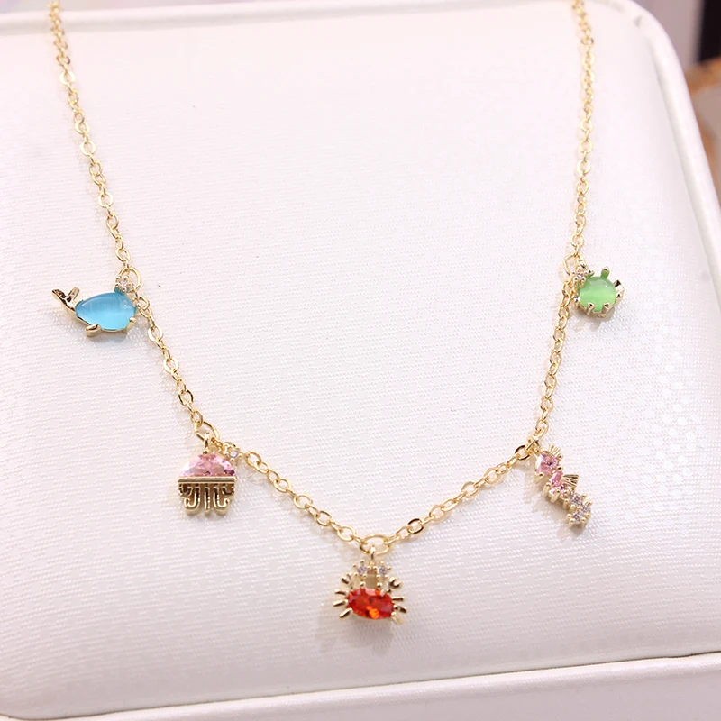 Ins Hot Sale Multicolor Crystal Ocean Animal Charm Pendant&necklaces for Women Delicate Starfish Chain Choker Necklaces