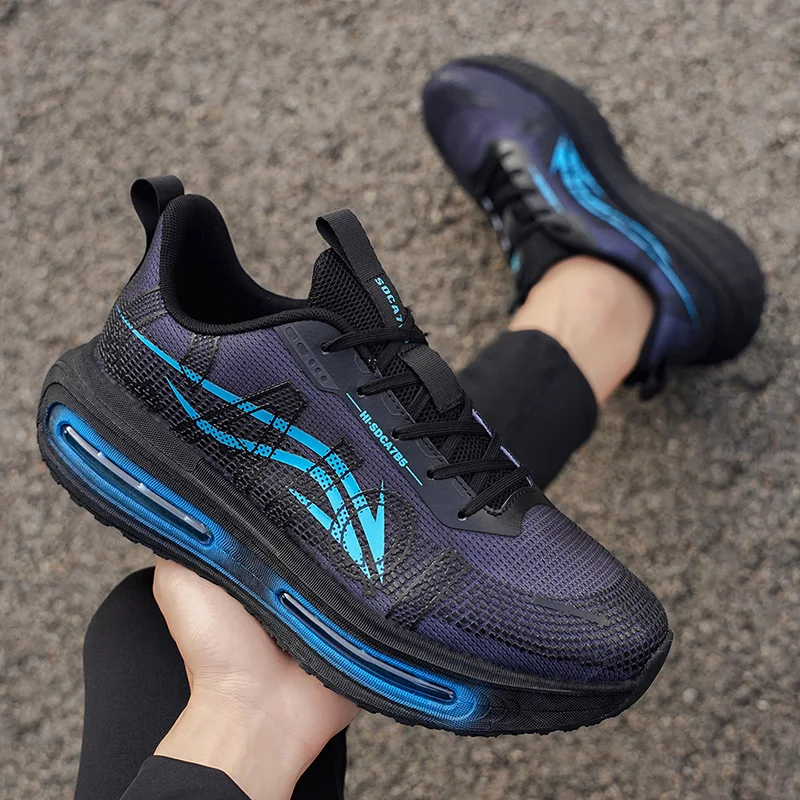 Men's Breathable Running Shoes for All Seasons - Shock-Absorbing Sole, Non-Slip Grip, Geometric Stripe Design, Suitable for Outdoor Jogging, Gym, and Casual Wear