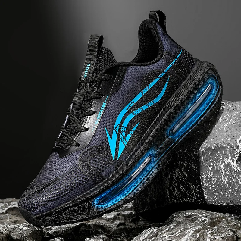 Men's Breathable Running Shoes for All Seasons - Shock-Absorbing Sole, Non-Slip Grip, Geometric Stripe Design, Suitable for Outdoor Jogging, Gym, and Casual Wear