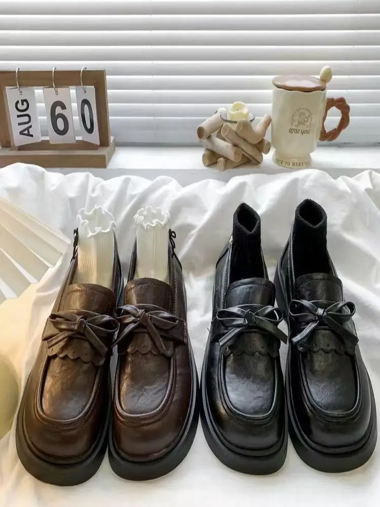 Women's Vintage Bow Loafers, Platform Chunky Heel Leather Shoes, British Style Versatile Commuting Flats