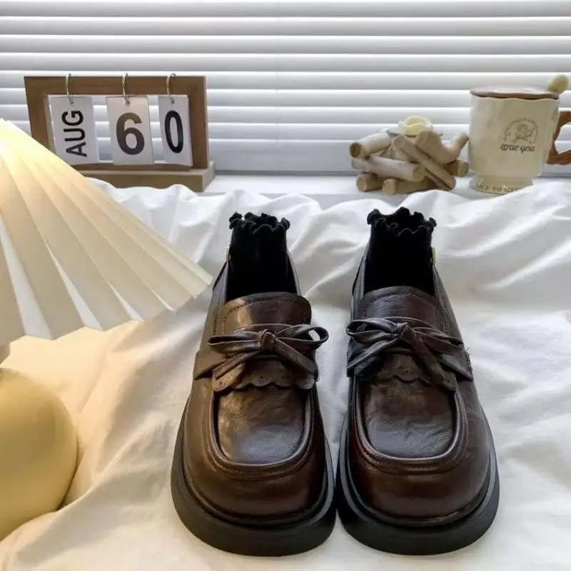 Women's Vintage Bow Loafers, Platform Chunky Heel Leather Shoes, British Style Versatile Commuting Flats