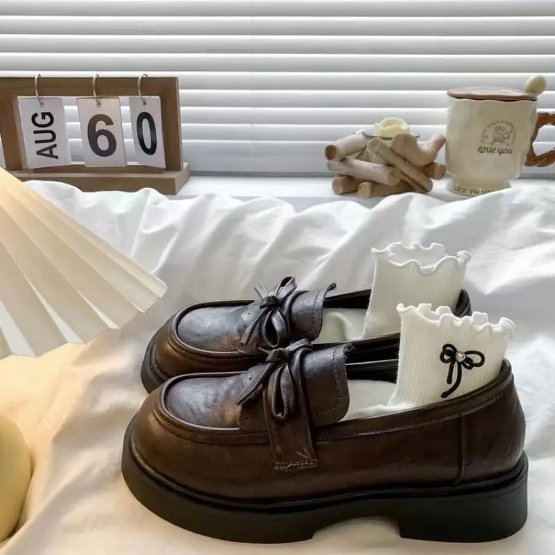 Women's Vintage Bow Loafers, Platform Chunky Heel Leather Shoes, British Style Versatile Commuting Flats