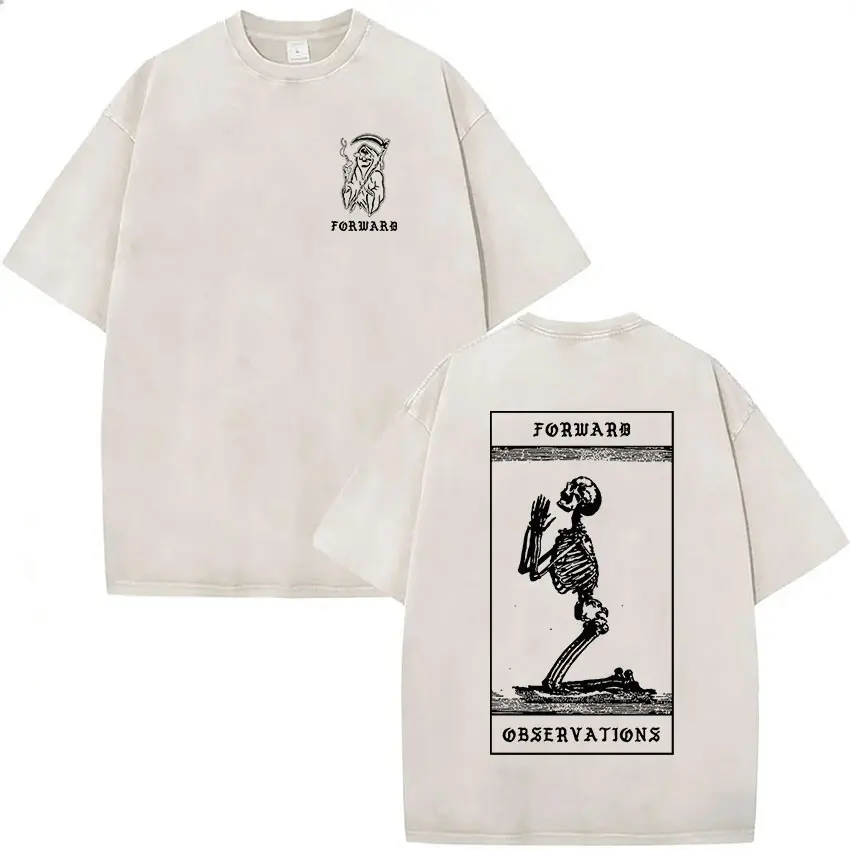 Vintage Washed Forward Observations Group Skeleton Merch T Shirts Men's Street Summer Cotton Oversized T-shirt Gothic Streetwear