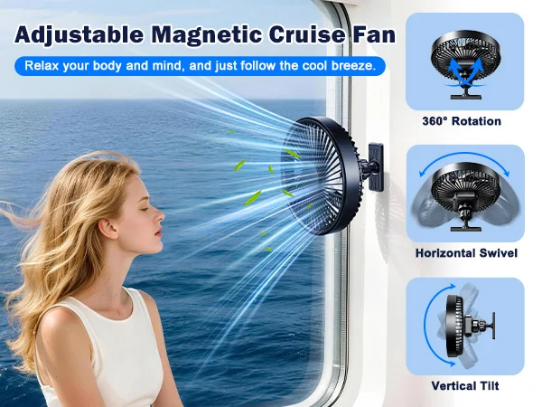 Eary Magnetic Cruise Ship Approved Fan 3000mAh Battery Operated Portable Golf Cart Fans with 3 Speeds 360°Rotation Cooling Fans