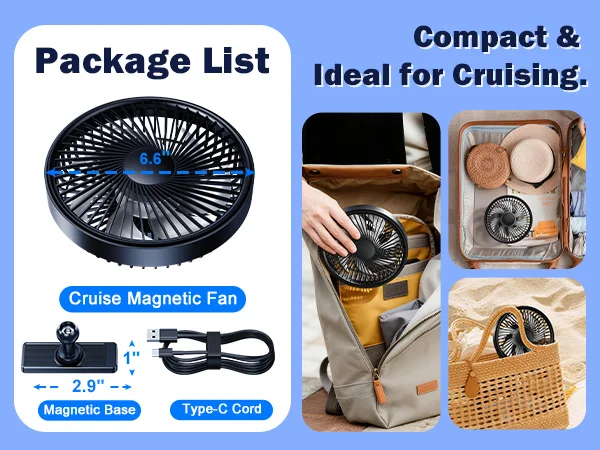 Eary Magnetic Cruise Ship Approved Fan 3000mAh Battery Operated Portable Golf Cart Fans with 3 Speeds 360°Rotation Cooling Fans