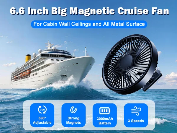 Eary Magnetic Cruise Ship Approved Fan 3000mAh Battery Operated Portable Golf Cart Fans with 3 Speeds 360°Rotation Cooling Fans