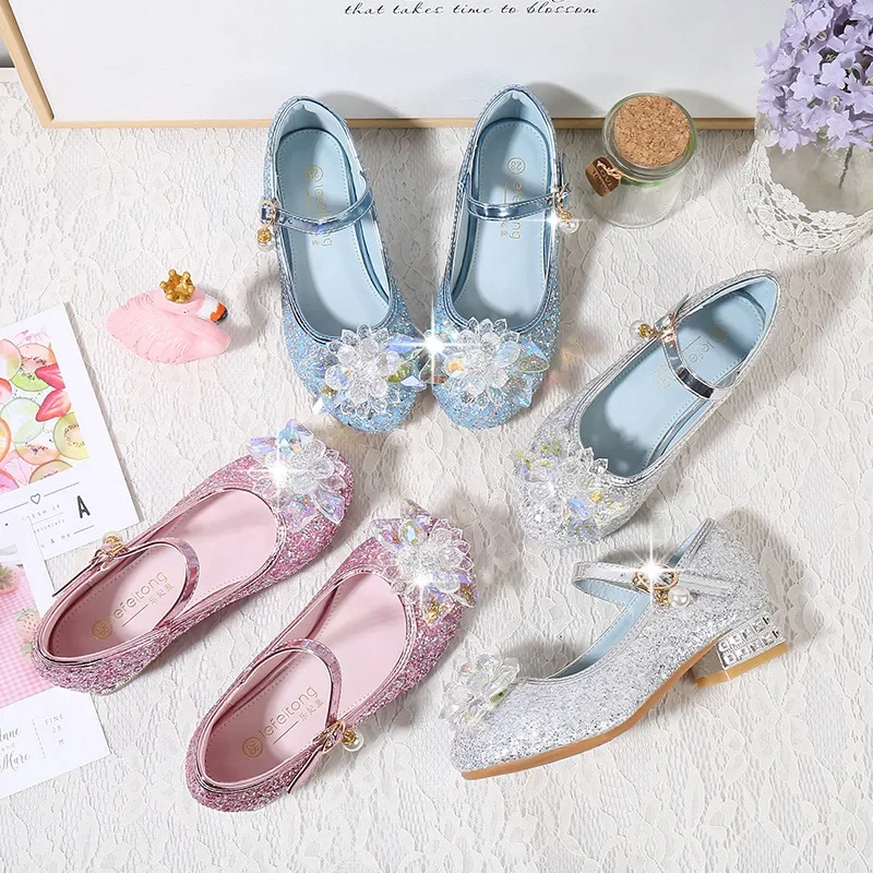 Fashion Girl High-heeled Shoes Children's Party Dress Heels Princess Performance Crystal Pearl Dress Shoes Kids and Teenagers