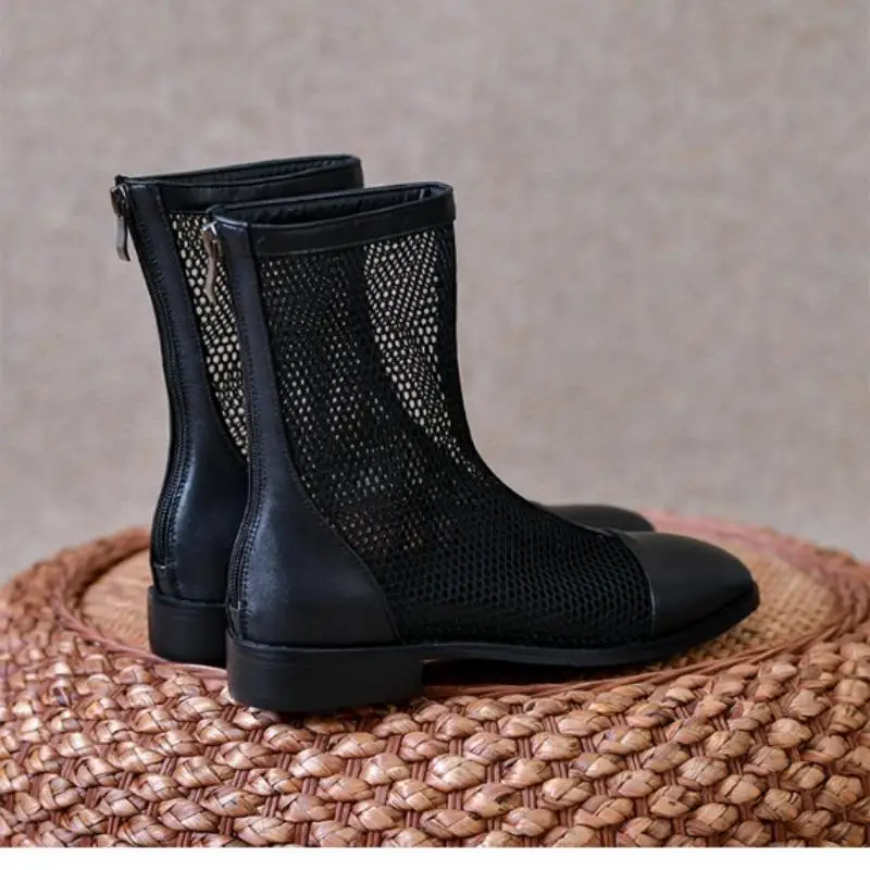 Women's Summer Breathable Mesh Ankle Boots - Square Toe Block Heel Back Zip Versatile Commute Sandal Boots