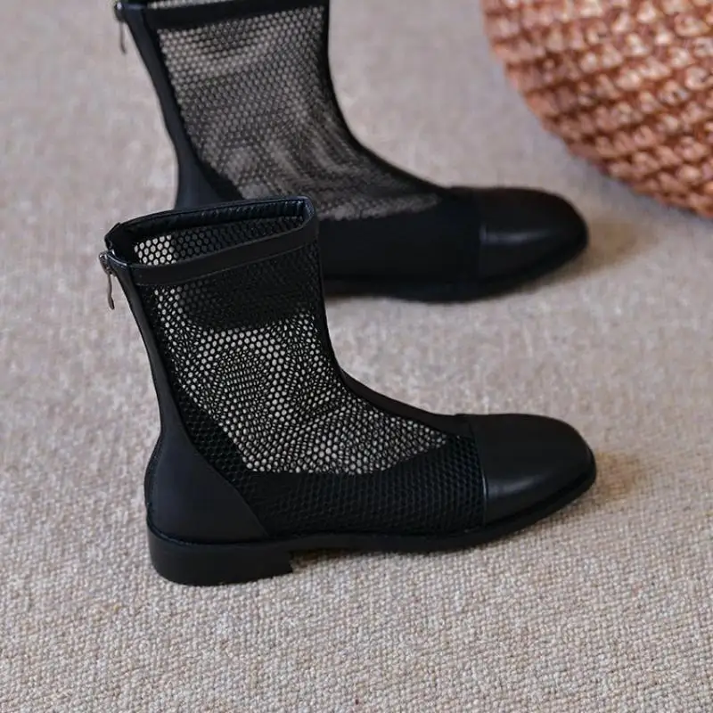 Women's Summer Breathable Mesh Ankle Boots - Square Toe Block Heel Back Zip Versatile Commute Sandal Boots