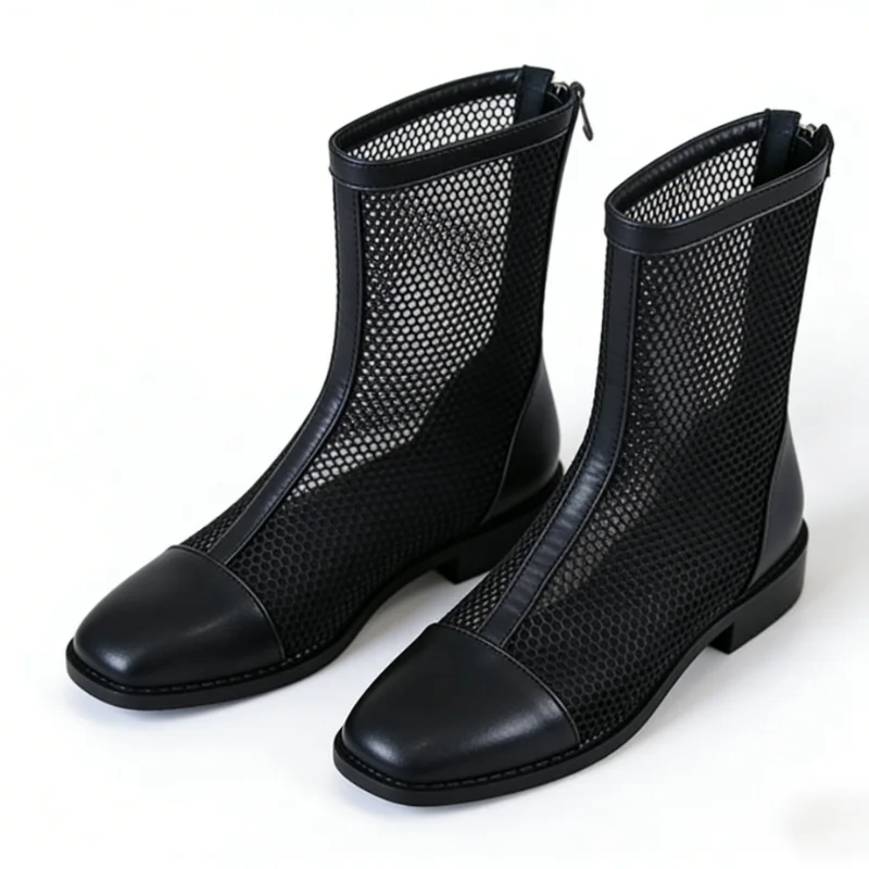 Women's Summer Breathable Mesh Ankle Boots - Square Toe Block Heel Back Zip Versatile Commute Sandal Boots