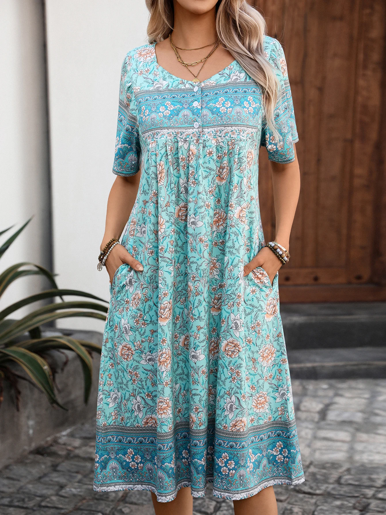 Summer Women's Short-Sleeve Midi-Length Bohemian Style Floral Print Dress - Casual & Relaxed
