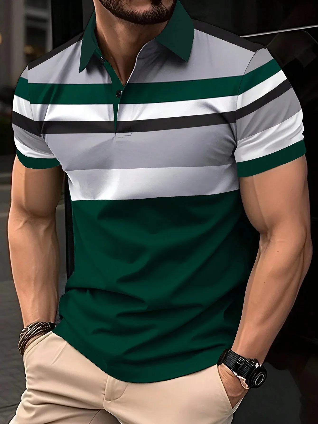 2026 Summer Men's Button-down Polo Shirt with Stripes Print Breathable Lightweight Casual Fashionable Outdoor Men's Clothing