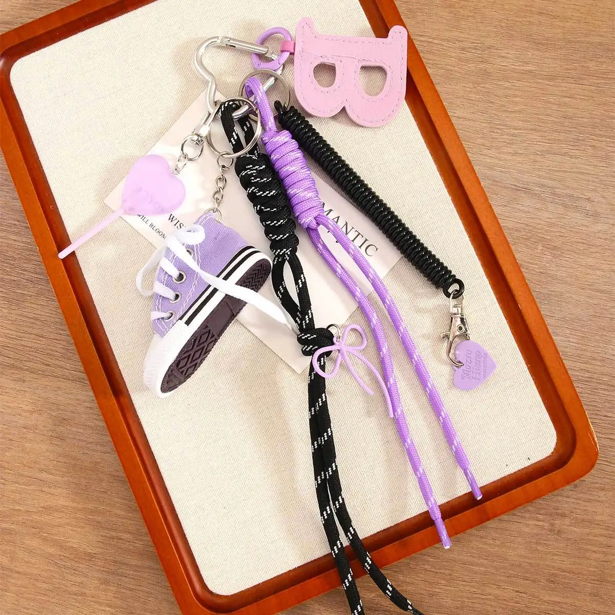 Trendy Purple Canvas Shoe Keychain – Kawaii Aesthetic Bag Accessory with B Letter & Heart Pendants