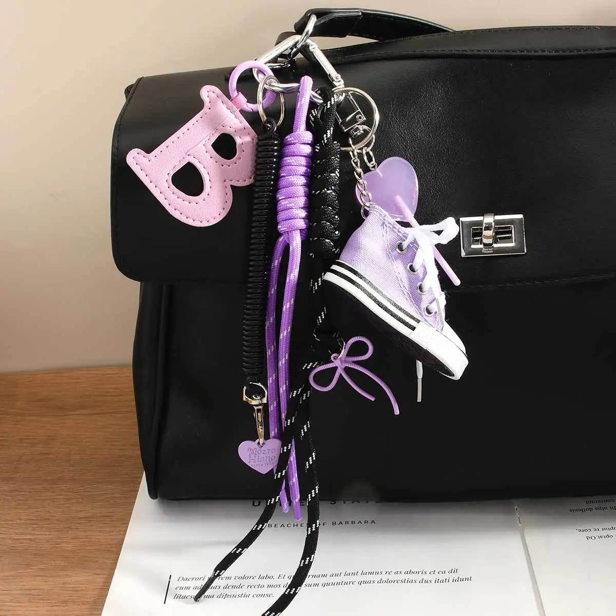 Trendy Purple Canvas Shoe Keychain – Kawaii Aesthetic Bag Accessory with B Letter & Heart Pendants