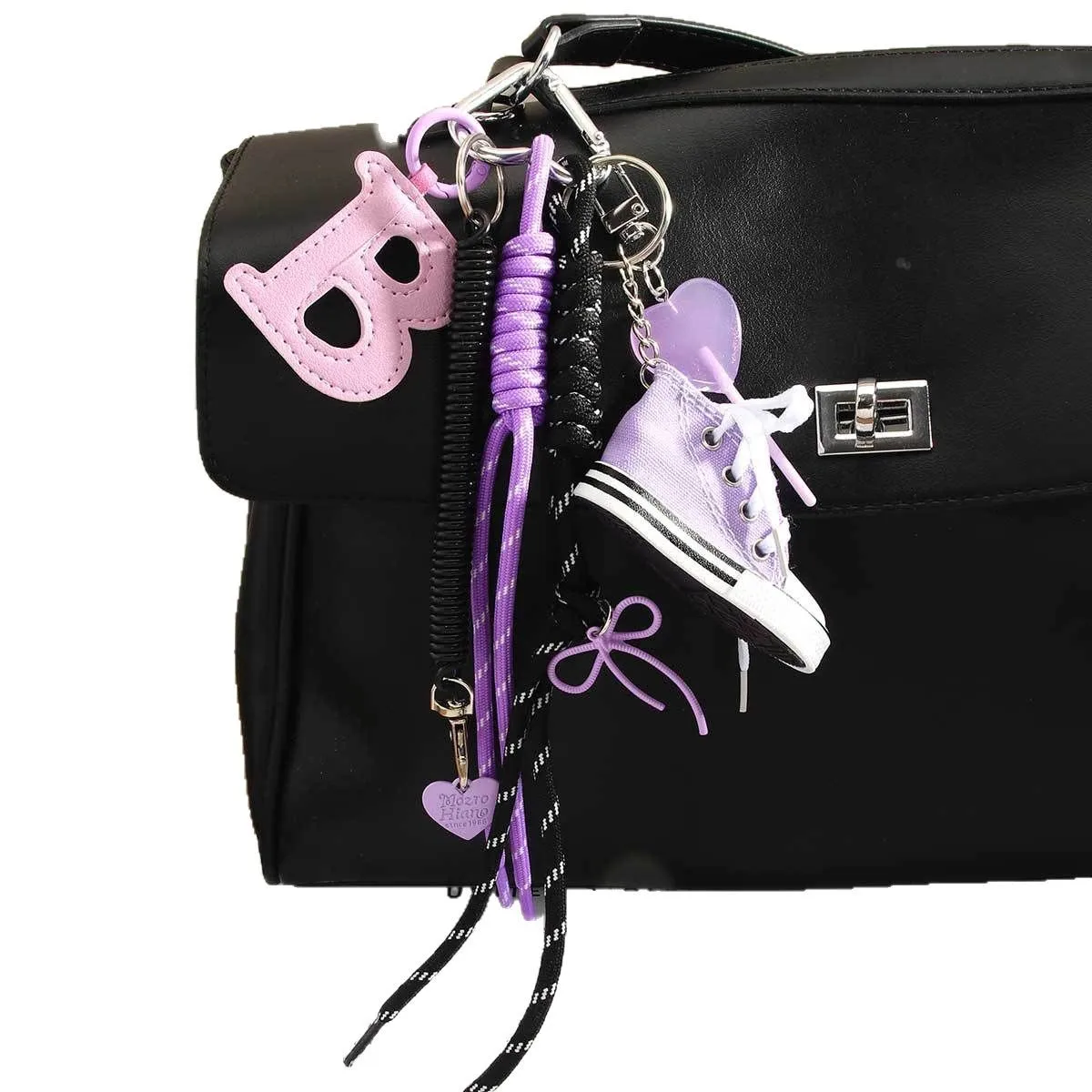 Trendy Purple Canvas Shoe Keychain – Kawaii Aesthetic Bag Accessory with B Letter & Heart Pendants