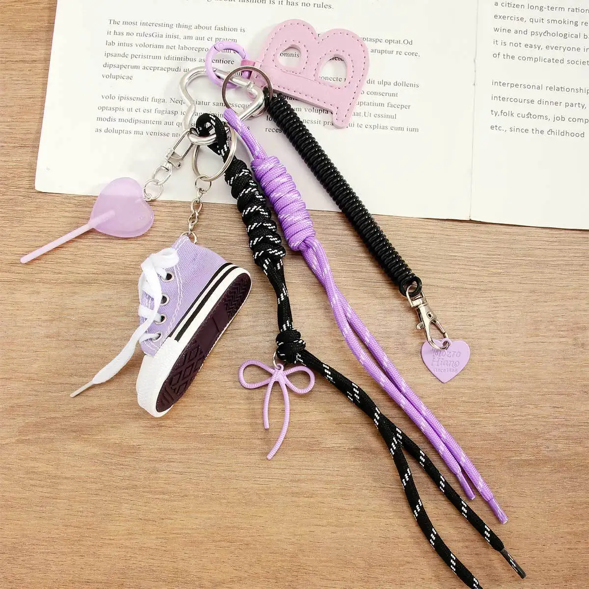 Trendy Purple Canvas Shoe Keychain – Kawaii Aesthetic Bag Accessory with B Letter & Heart Pendants
