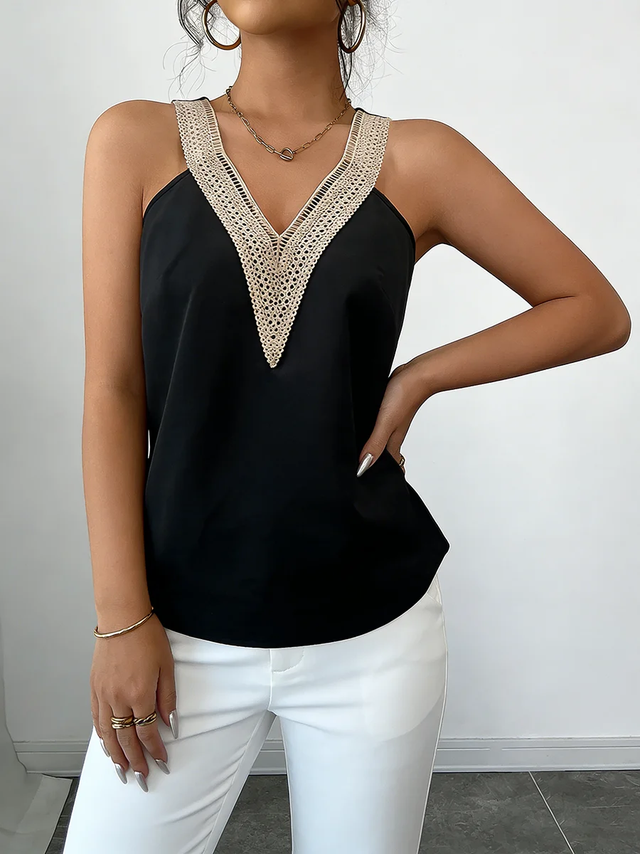 Women's Camisole Top V Neck Sleeveless Lace Trim Satin Loose Fit Tops Elegant Cami Spring Summer Chic Camisole Daily Light Tops