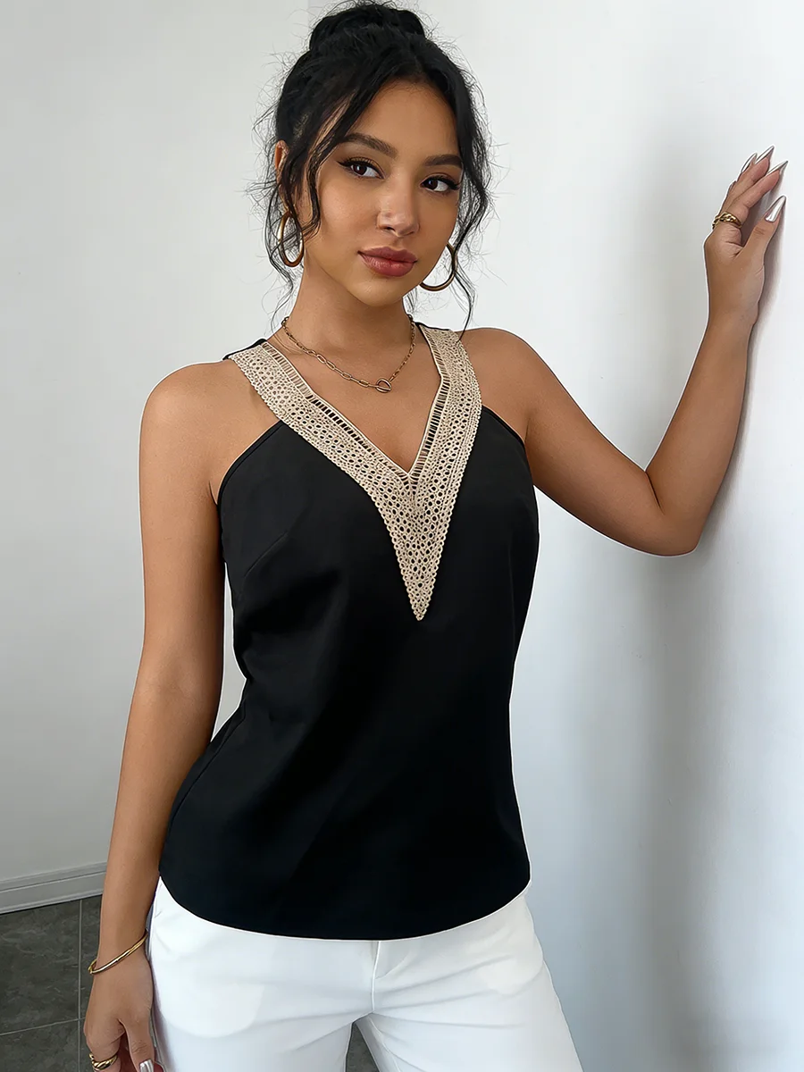 Women's Camisole Top V Neck Sleeveless Lace Trim Satin Loose Fit Tops Elegant Cami Spring Summer Chic Camisole Daily Light Tops