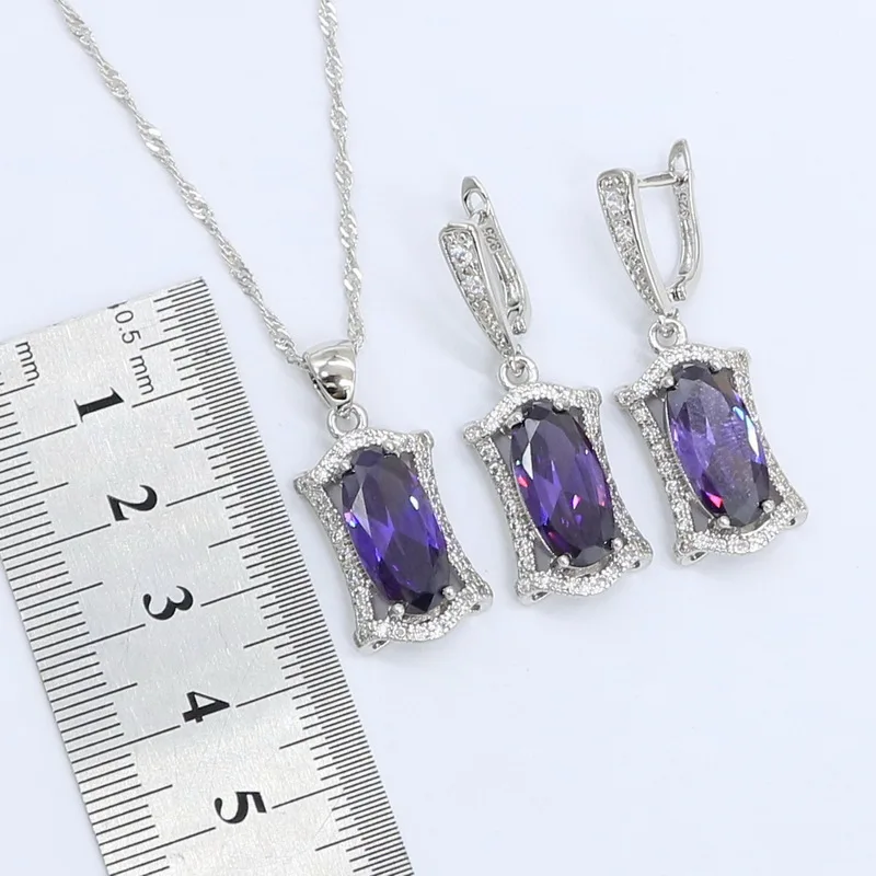 Geometric Purple Zircon Silver Color Wedding Jewelry Sets For Women Necklace Pendant Earrings Rings Bracelet Gift Box