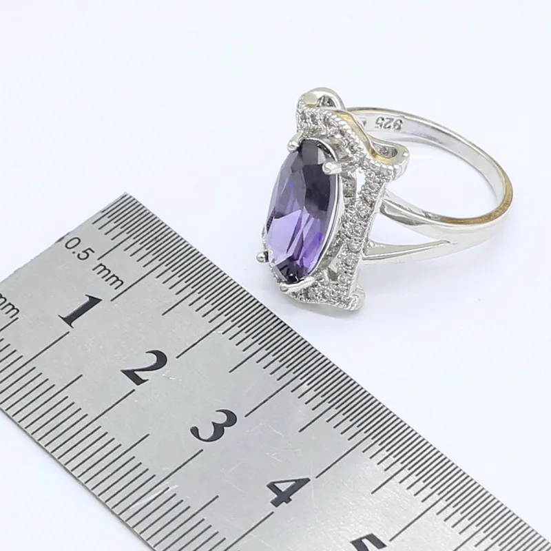 Geometric Purple Zircon Silver Color Wedding Jewelry Sets For Women Necklace Pendant Earrings Rings Bracelet Gift Box