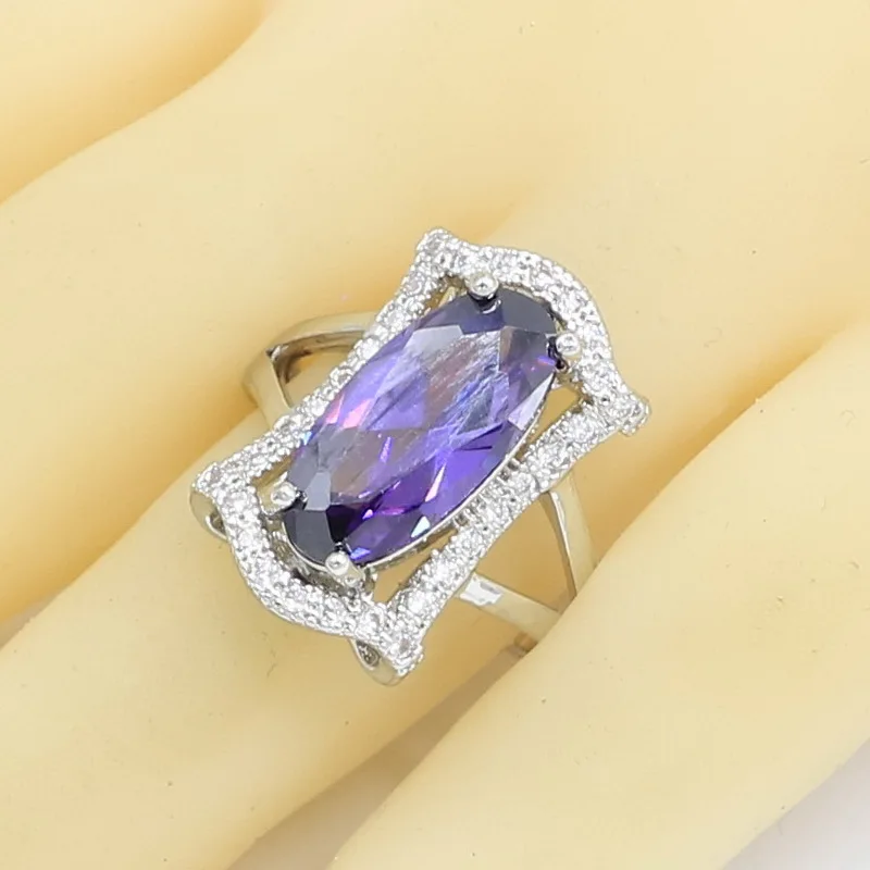 Geometric Purple Zircon Silver Color Wedding Jewelry Sets For Women Necklace Pendant Earrings Rings Bracelet Gift Box