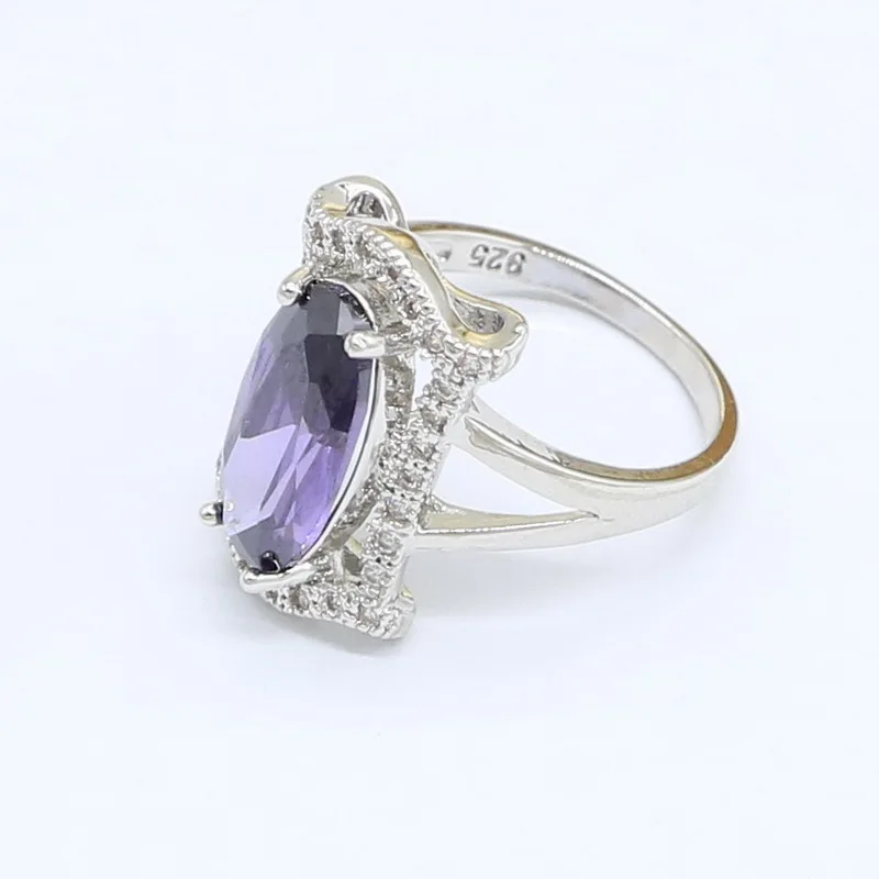 Geometric Purple Zircon Silver Color Wedding Jewelry Sets For Women Necklace Pendant Earrings Rings Bracelet Gift Box