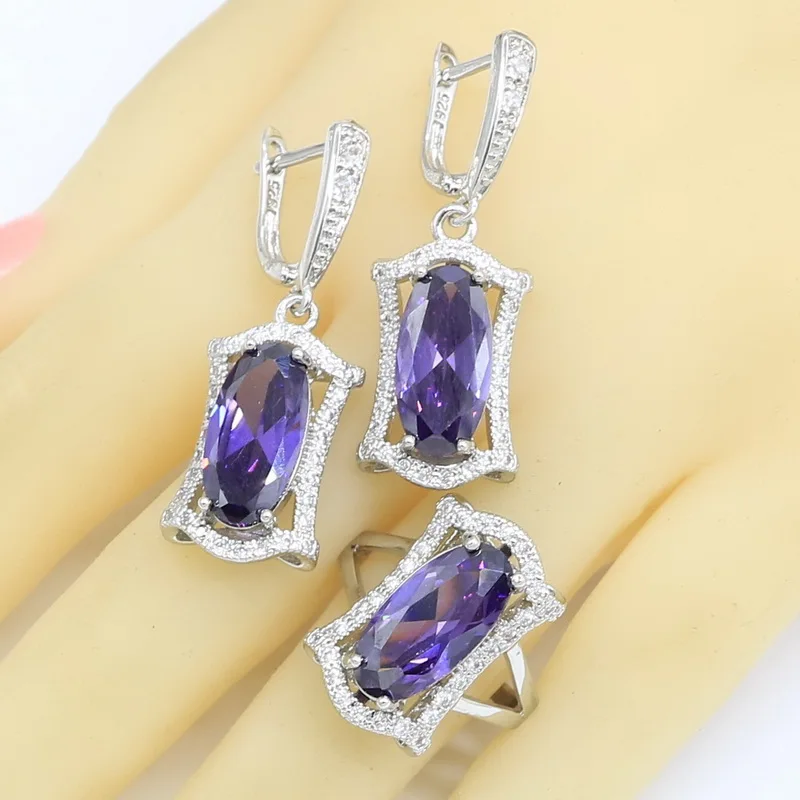 Geometric Purple Zircon Silver Color Wedding Jewelry Sets For Women Necklace Pendant Earrings Rings Bracelet Gift Box