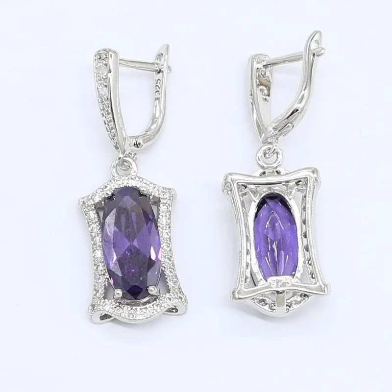 Geometric Purple Zircon Silver Color Wedding Jewelry Sets For Women Necklace Pendant Earrings Rings Bracelet Gift Box