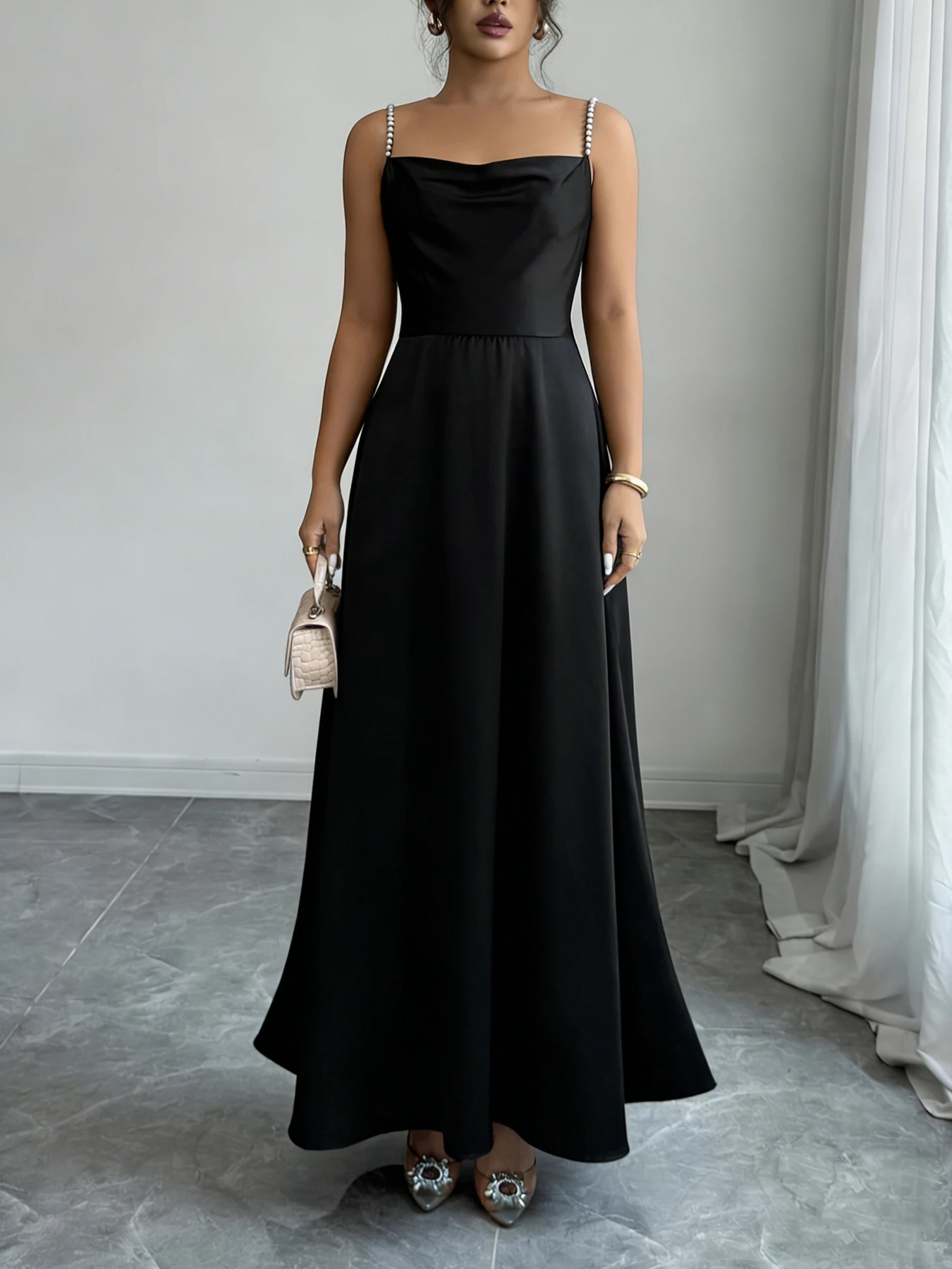 Women's Black Satin Maxi Dress Beaded Spaghetti Strap Square Neck High Waist A Line Elegant Spring Summer Party Evening Dress