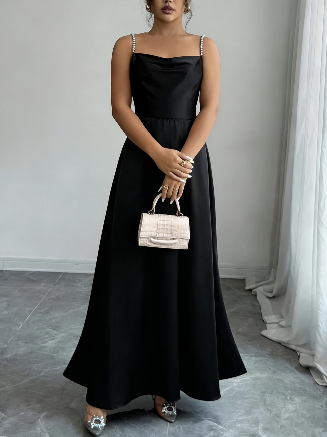 Women's Black Satin Maxi Dress Beaded Spaghetti Strap Square Neck High Waist A Line Elegant Spring Summer Party Evening Dress