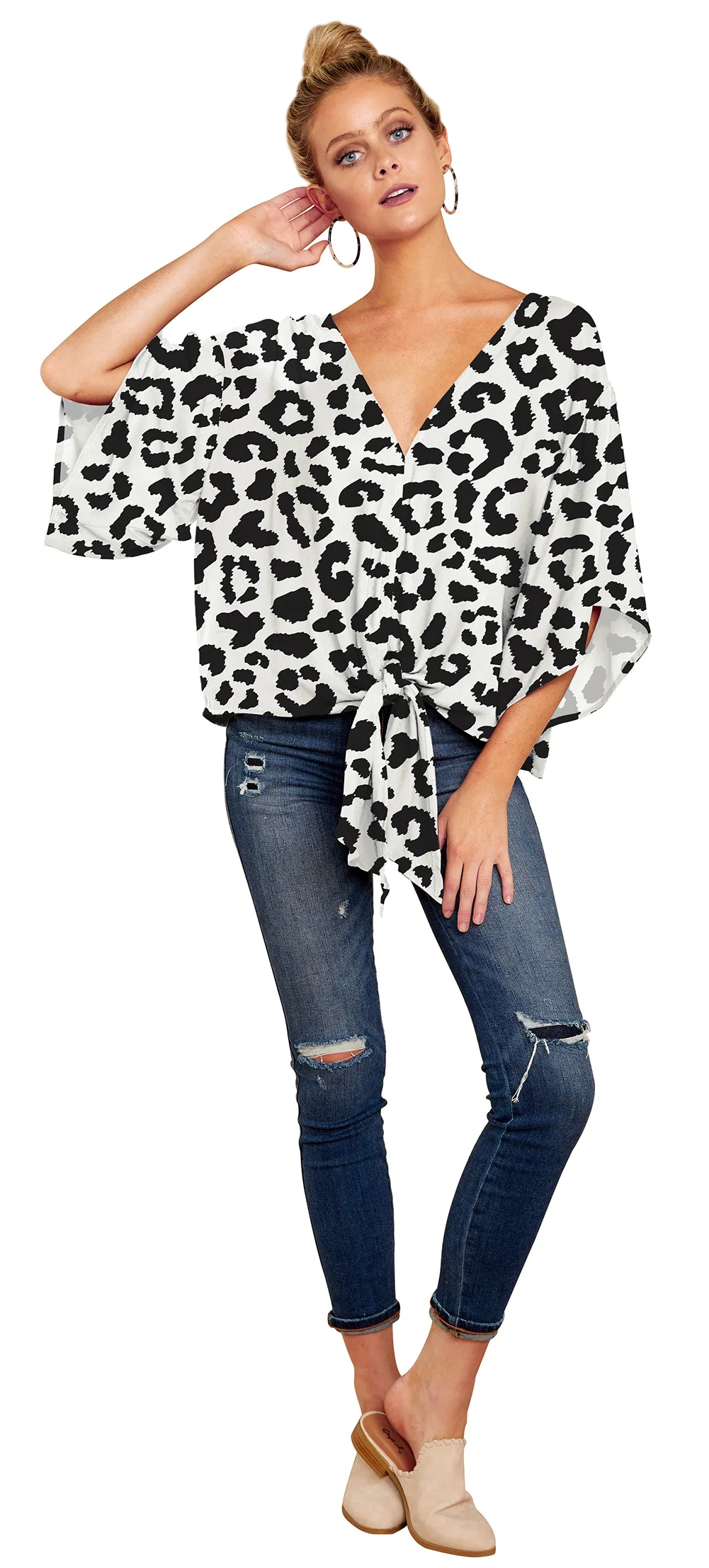 Plus Size Women's Casual V-Neck Blouse Printed Leopard Office Lady Fashion New Arrival Trendy Comfortable