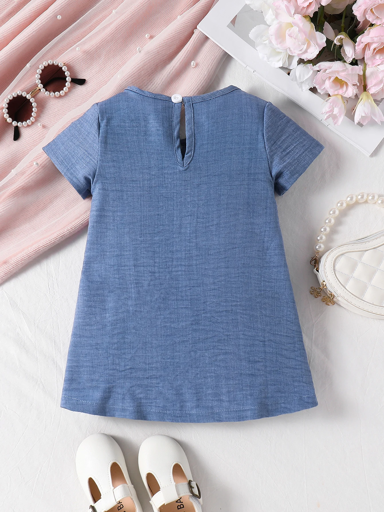 Sweet Style Denim Blue Pleated Hem Big Bow Girls Short Sleeve Dress New Arrival