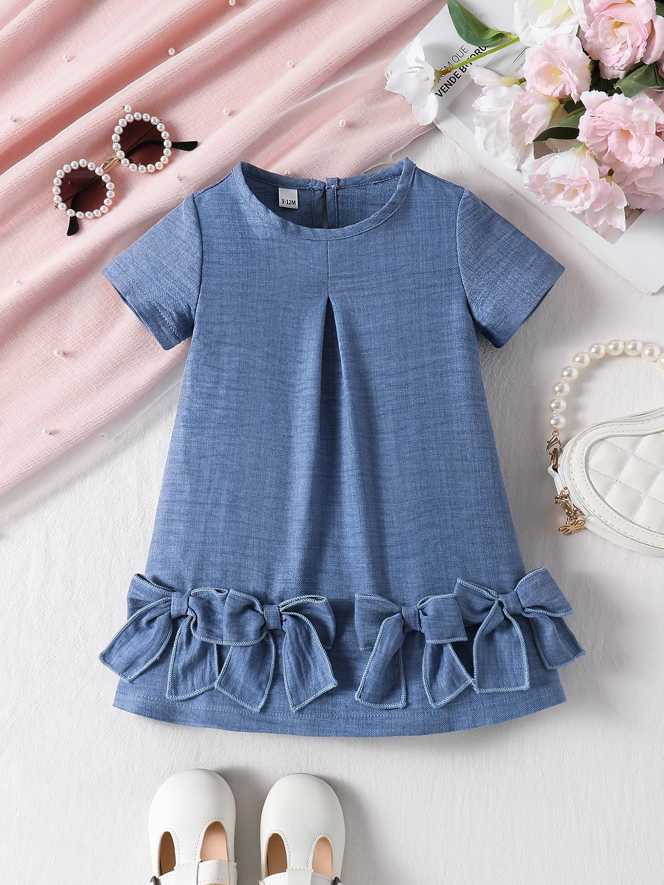 Sweet Style Denim Blue Pleated Hem Big Bow Girls Short Sleeve Dress New Arrival