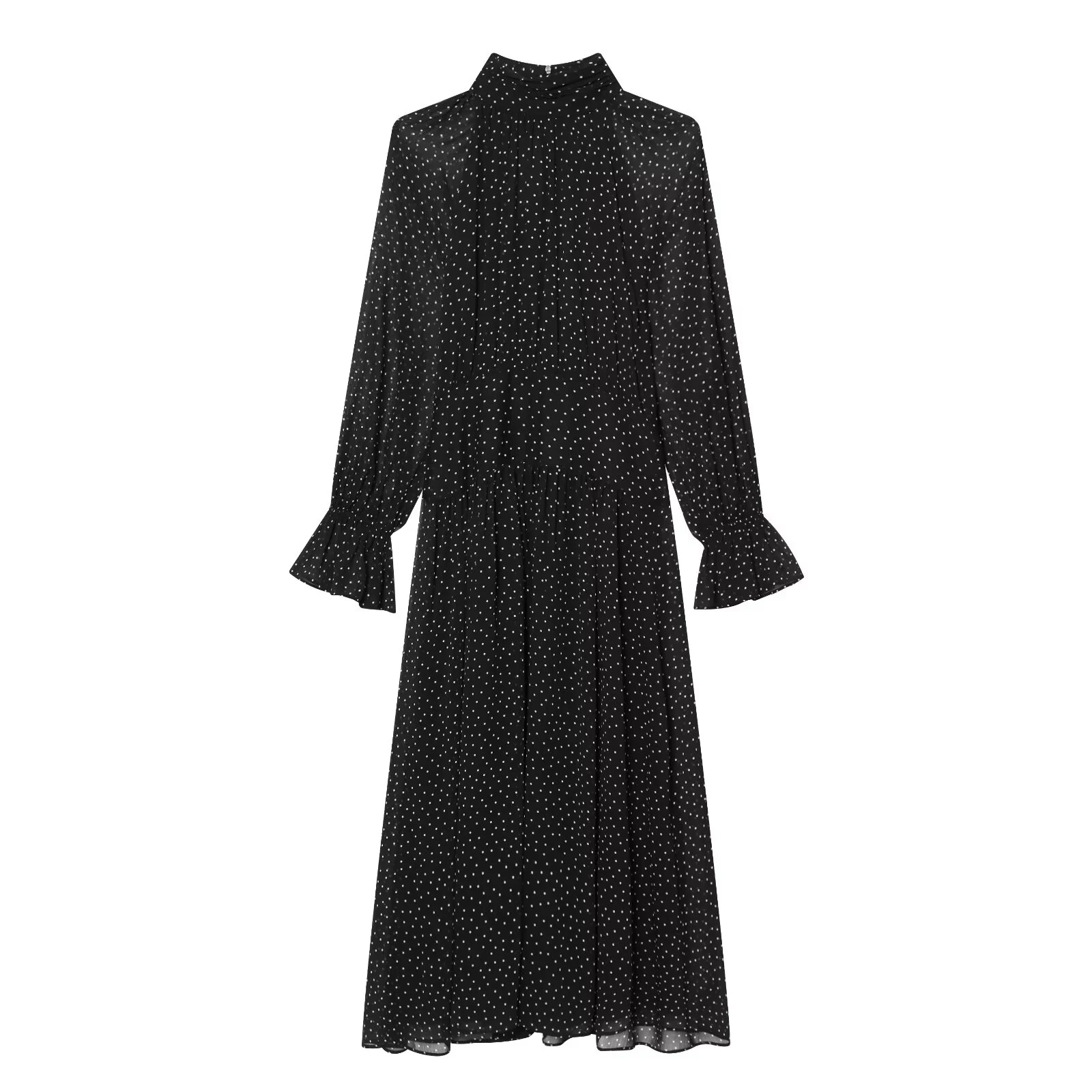 Spring and summer new women's minimalist polka dot printed high neck long sleeved pleated decorative dress